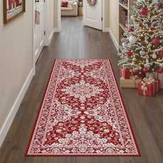 Christmas 2x5 Runner Rug Red Xmas Floral Hallway Kitchen Rug Washable Non Slip Soft Low Pile Lightweight Neutral Carpet for Living Room Bedroom Dining Room