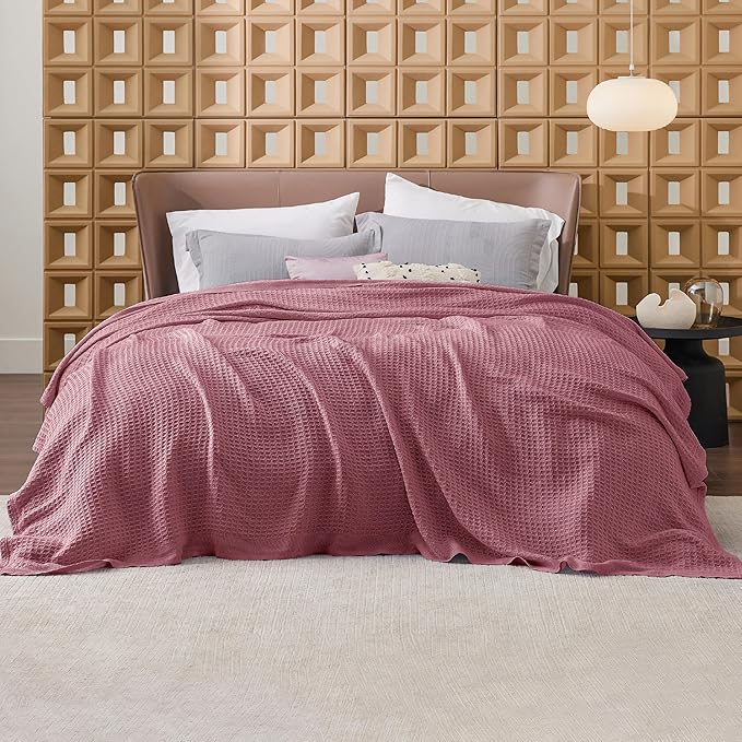 Bedsure Gentlesoft 100% Cotton Blanket Queen Size for Bed - Breathable and Soft, Thick Cozy Waffle Weave Christmas Blanket Gift for Women, Dusty Rose, 90x90 Inches