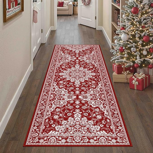 Christmas 2x6 Runner Rug Red Xmas Floral Hallway Kitchen Rug Washable Non Slip Soft Low Pile Lightweight Neutral Carpet for Living Room Bedroom Dining Room