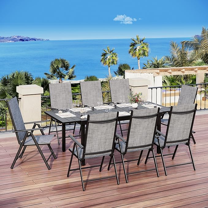 MFSTUDIO Patio Folding Chairs Set of 8, Outdoor Patio Dining Chairs, Portable Grey Sling Patio Chairs, 7 Levels Adjustable Sling Back Chairs for Backyard Lawn Garden