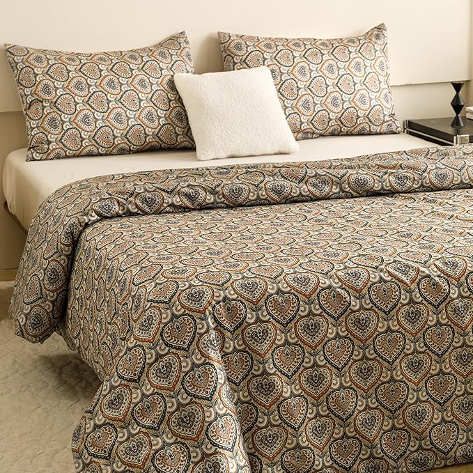 HeimenAogo Egyptian Cotton Duvet Cover Queen Size Sateen Weave, Silky Soft Duvet Cover with Zipper Closure, Long Staple Cotton Bed Linen Bohemian Damask Medallion 3 Pcs