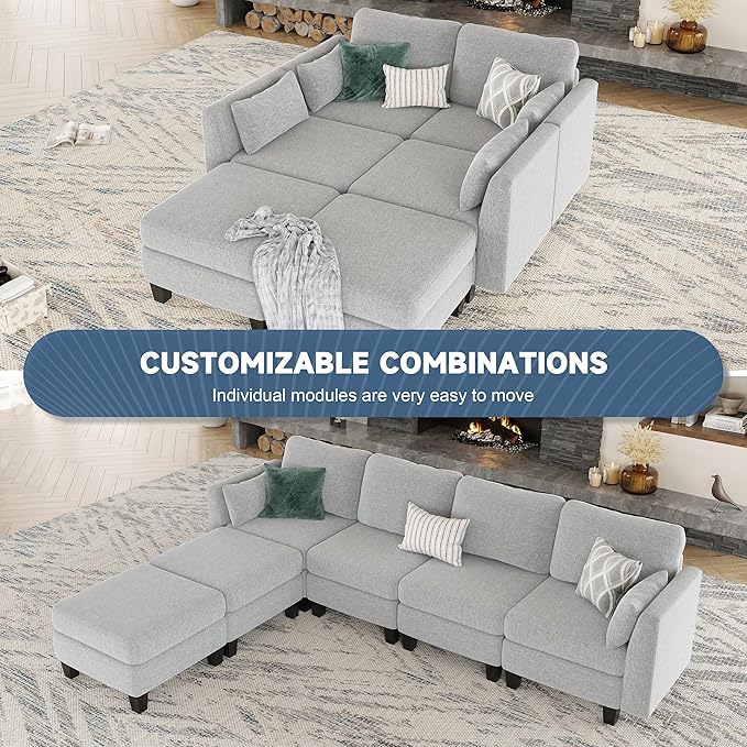 Modular Sectional Sofa, Convertible U Shaped Sofa Couch with High Density Memory Foam, 6 Seat Comfy Modular Sofa Couch for Living Room, Modern U Shaped Sectional Sofa, Lightgrey