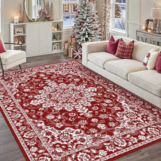 Christmas 6x9 Area Rug Red Xmas Floral Living Room Rug Washable Non Slip Soft Low Pile Lightweight Neutral Carpet for Kitchen Bedroom Dining Room Bathroom