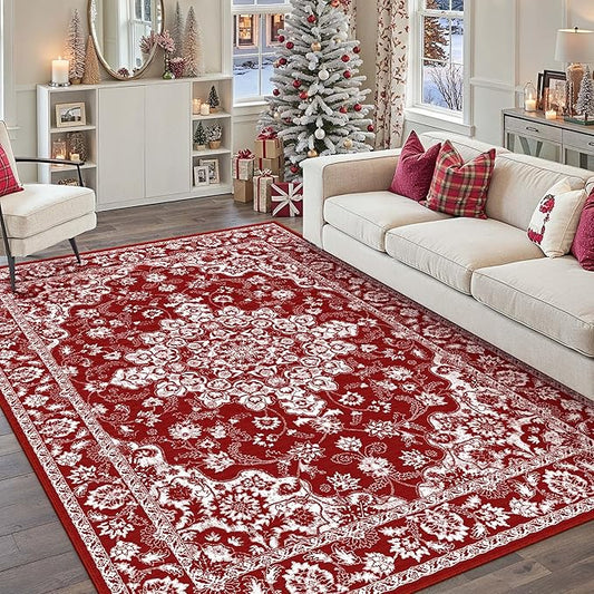 Christmas 6x9 Area Rug Red Xmas Floral Living Room Rug Washable Non Slip Soft Low Pile Lightweight Neutral Carpet for Kitchen Bedroom Dining Room Bathroom