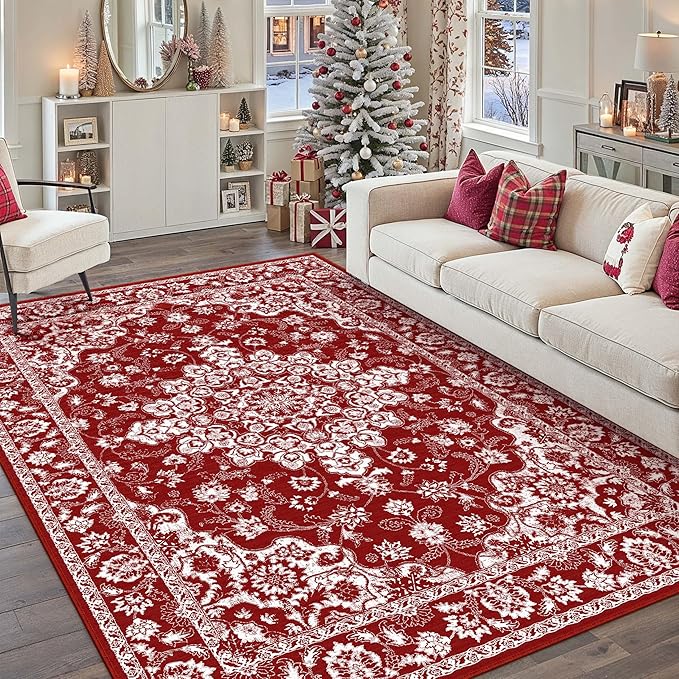 Christmas 5x7 Area Rug Red Xmas Floral Living Room Rug Washable Non Slip Soft Low Pile Lightweight Neutral Carpet for Kitchen Bedroom Dining Room Bathroom