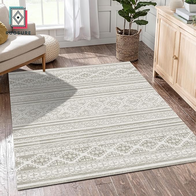RUGSURE Washable Area Rugs 9' x 12' - 1/6 Thick - Moroccan-Inspired -Stain & Water Resistant Non-Slip - Resistant Rug for Living Room, Bedroom, Nursery, Pet & Child Friendly (Grey)