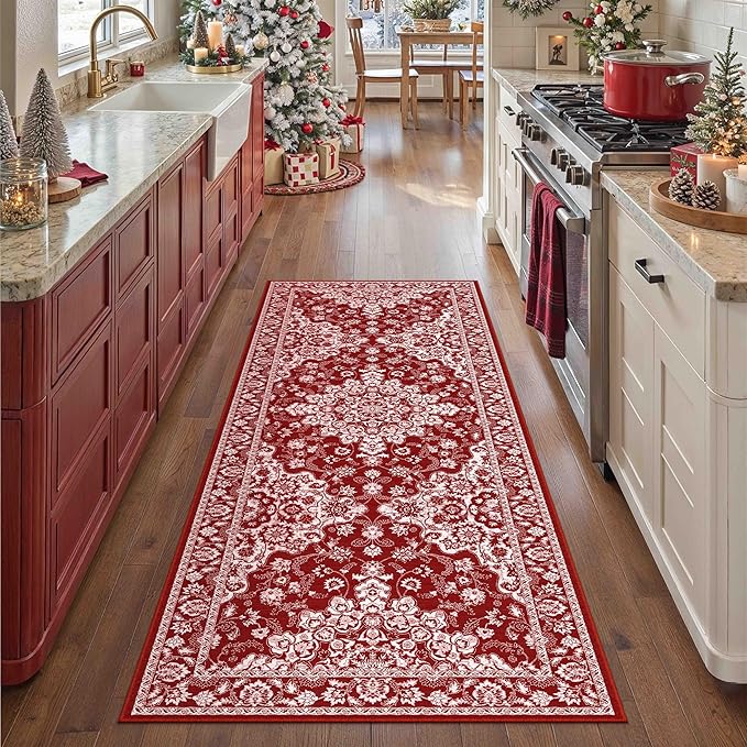 Christmas 2x6 Runner Rug Red Xmas Floral Hallway Kitchen Rug Washable Non Slip Soft Low Pile Lightweight Neutral Carpet for Living Room Bedroom Dining Room