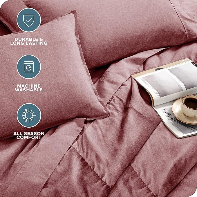 Bare Home Bed-in-A-Bag 7 Piece Comforter & Sheet Set - Queen - Goose Down Alternative - Ultra-Soft 1800 Premium - Bed Set - Cationic (Queen, Heathered Rosewood)