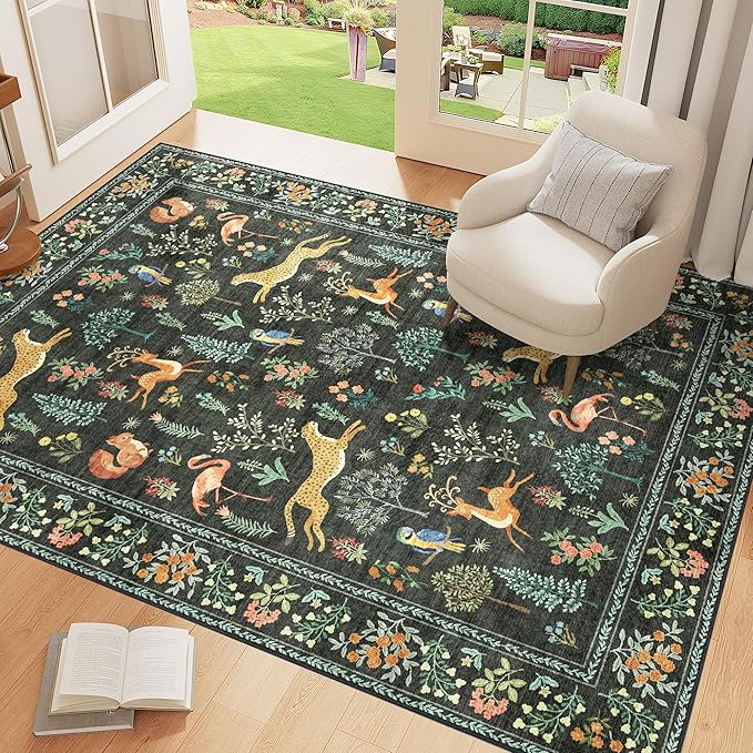 DUKINO 4x6 Rug, Washable Animal Area Rug with Non Slip Vintage Design, Indoor Soft Low Pile Carpet for Bedroom, Nursery, Dining Room, Farmhouse, Playroom, Black