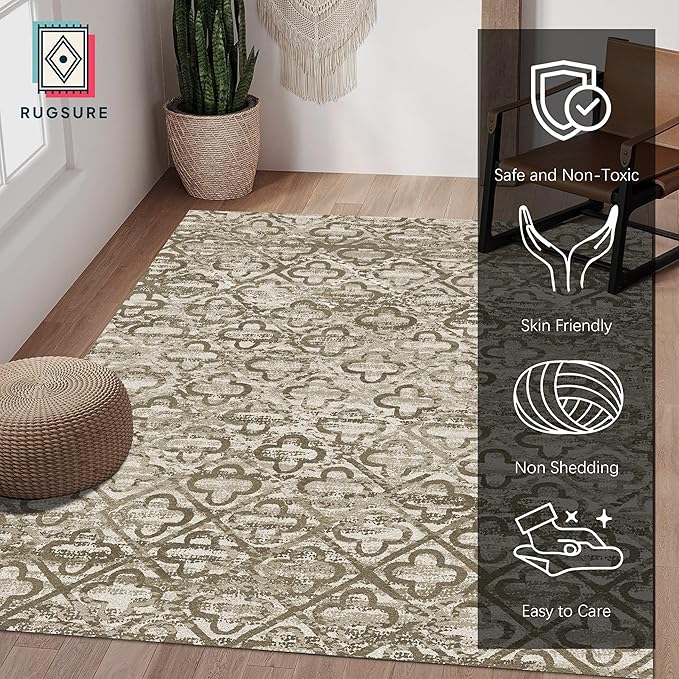 RUGSURE Washable Area Rugs, 6' x 9' - 1/6 Thick - Stain & Water Resistant Non-Slip - Perfect Resistant Rug for Living Room, Bedroom, Nursery, Pet & Child Friendly, Vibrant Colors Rugs, Brown