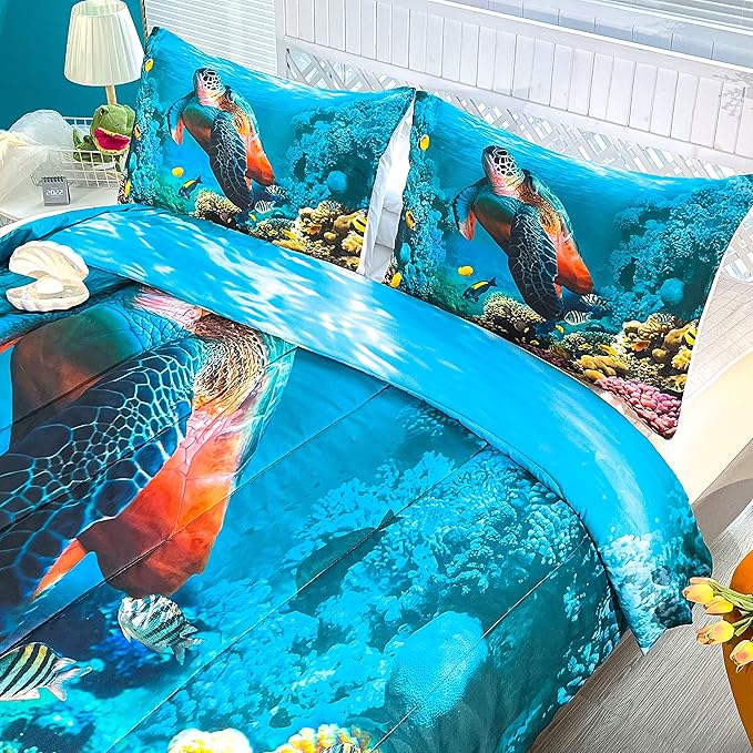 CVHOUSE Sea Turtle Bedding Set,Sea Turtle Comforter Full,Ocean Beach Comforter Set for Boys Kids Girls,Ocean Quilt Set with 1 Comforter and 2 Pillow Cases