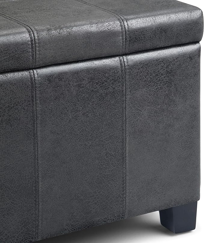 SIMPLIHOME Dover 36 inch Wide Contemporary Rectangle Storage Ottoman Bench in Distressed Black Vegan Faux Leather, Assembled, For the Living Room, Entryway and Family Room