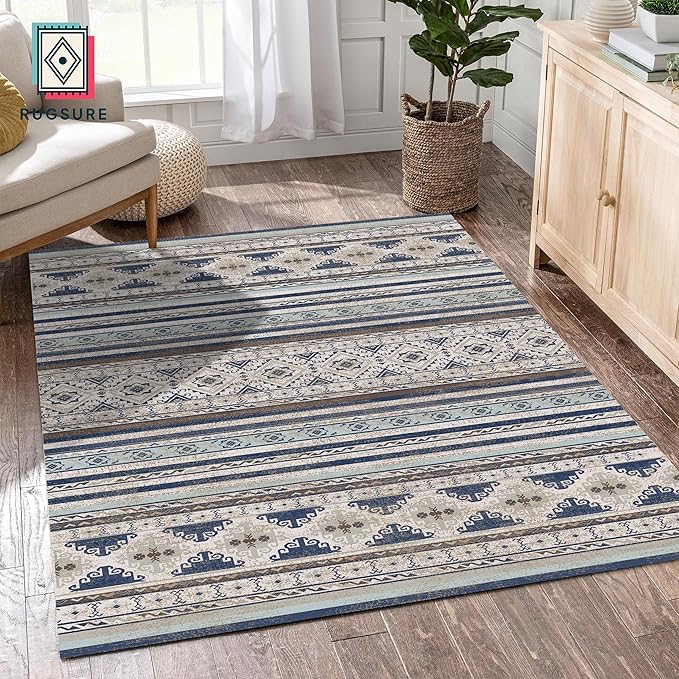 RUGSURE Washable Area Rugs 4' x 6' - 1/6 Thick - Moroccan-Inspired -Stain & Water Resistant Non-Slip - Resistant Rug for Living Room, Bedroom, Nursery, Pet & Child Friendly (Blue and Brown)
