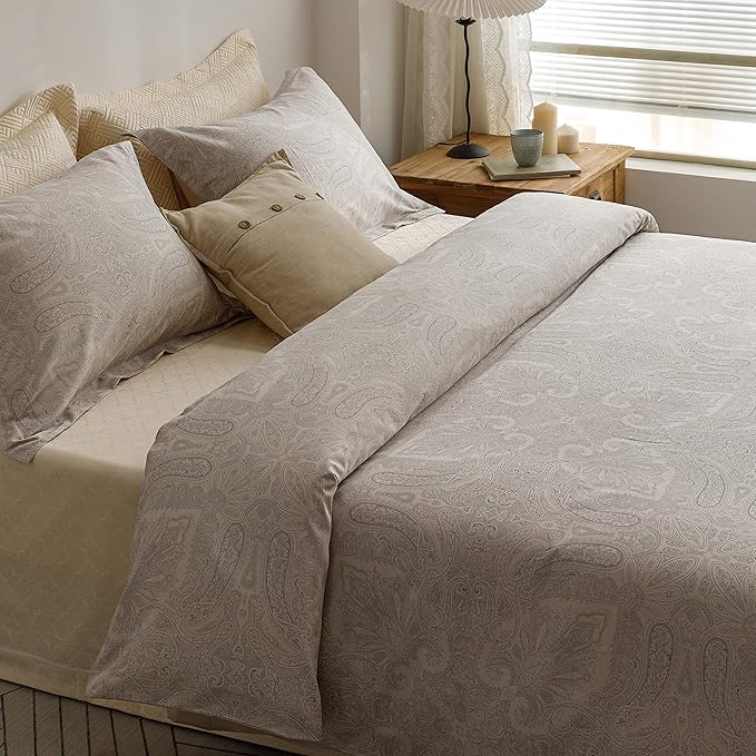 HeimenAogo Egyptian Cotton Duvet Cover King Size Sateen Weave, Silky Soft Boho Duvet Cover Zipper Closure, Long Staple Cotton Bed Linen Boteh Damask Medallion Paisley 3Pcs