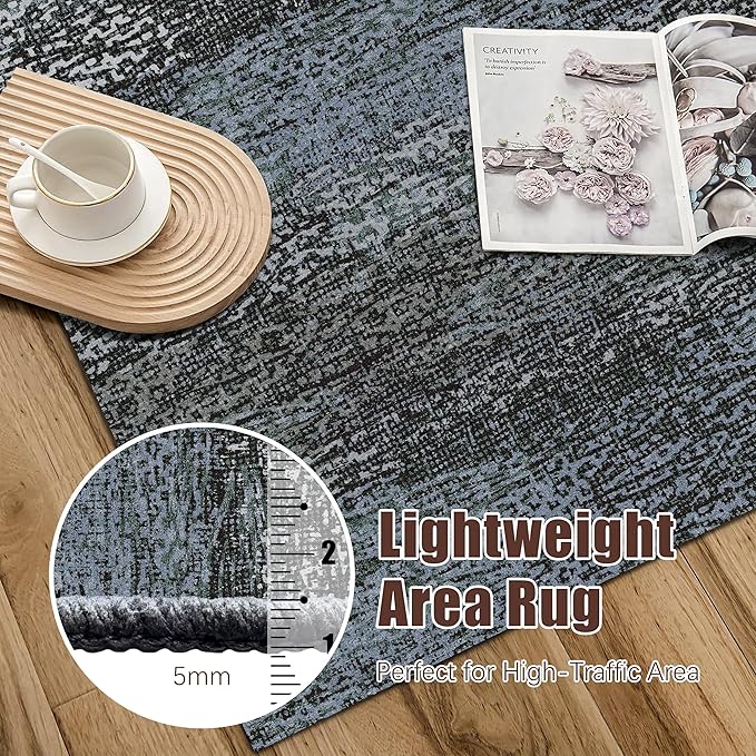 RUGSURE Washable Area Rug - 1/6 Thick - Stain & Water Resistant Non-Slip - Resistant Rug for Living Room, Bedroom, Nursery, Pet & Child Friendly, Vintage Charm Area Rugs (Darkgrey+Bule, 8' x 10')
