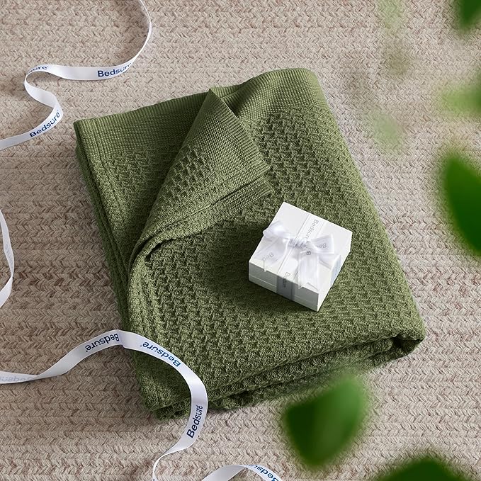 Bedsure Gentlesoft 100% Cotton Blanket King Size for Bed - Breathable and Soft, Thick Cozy Waffle Weave Christmas Blanket Gift for Women, Olive Green, 104x90 inches