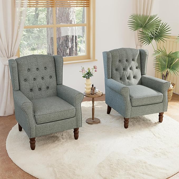 Lumibee High Back Accent Chair Set of 2,Upholstered Wingback Armchair with Solid Wood Legs for Small Spaces,Comfy Single Sofa Chair for Living Room,Bedroom,Office-Gray