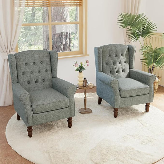 Lumibee High Back Accent Chair Set of 2,Upholstered Wingback Armchair with Solid Wood Legs for Small Spaces,Comfy Single Sofa Chair for Living Room,Bedroom,Office-Gray