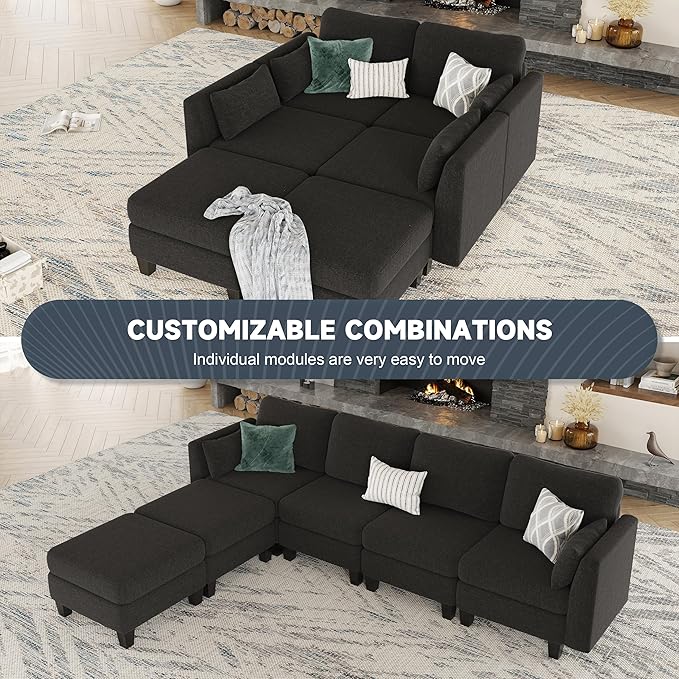 Modular Sectional Sofa, Convertible U Shaped Sofa Couch with High Density Memory Foam, 6 Seat Comfy Modular Sofa Couch for Living Room, Modern U Shaped Sectional Sofa, Black