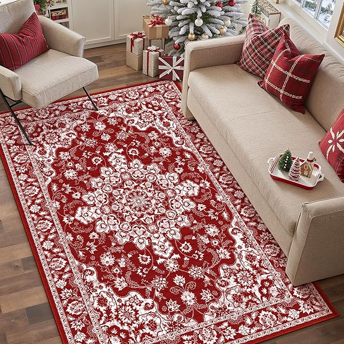 Christmas 3x5 Area Rug Red Xmas Floral Entryway Doormat Washable Non Slip Soft Low Pile Lightweight Neutral Mat for Living Room Bedroom Dining Room Bathroom