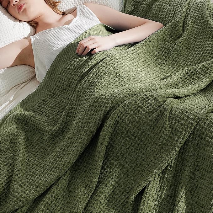Bedsure Gentlesoft 100% Cotton Blanket King Size for Bed - Breathable and Soft, Thick Cozy Waffle Weave Christmas Blanket Gift for Women, Olive Green, 104x90 inches