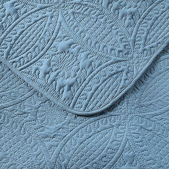 Pure Bedding Quilt Set Full/Queen Size Ash Blue - Oversized Bedspread - Soft Microfiber Lightweight Coverlet for All Season - 3 Piece Includes 1 Quilt and 2 Shams, Geometric Pattern