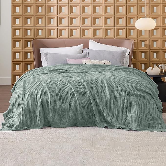 Bedsure Gentlesoft 100% Cotton Blanket Queen Size for Bed - Breathable and Soft, Thick Cozy Waffle Weave Christmas Blanket Gift for Women, Sage Green, 90x90 Inches