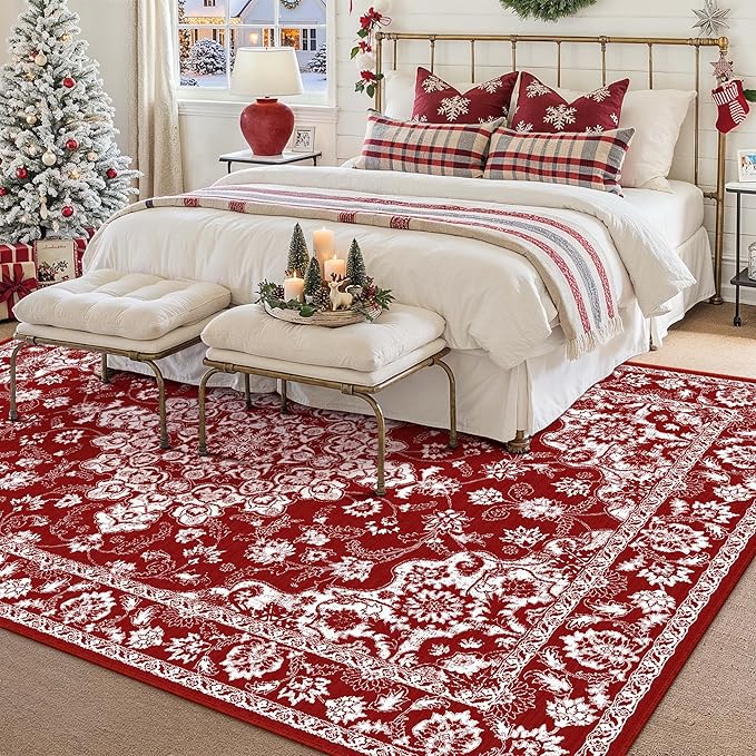 Christmas 6x9 Area Rug Red Xmas Floral Living Room Rug Washable Non Slip Soft Low Pile Lightweight Neutral Carpet for Kitchen Bedroom Dining Room Bathroom
