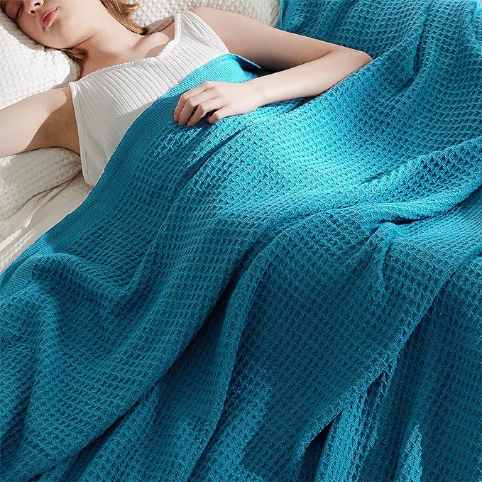 Bedsure Gentlesoft 100% Cotton Blanket Queen Size for Bed - Breathable and Soft, Thick Cozy Waffle Weave Christmas Blanket Gift for Women, Teal, 90x90 Inches