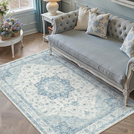 Blue Area Rug 3x5 Washable Vintage Carpet for Entryway Office Soft Retro Kitchen Low Pile Thin Door Mat Non Slip Oriental Medallion Throw Rug for Bathroom Bedroom Dining Living Room
