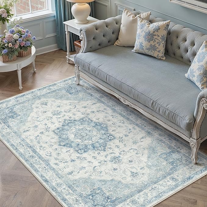 Blue Area Rug 4x6 Washable Vintage Carpet for Office Living Room Soft Retro Low Pile Thin Indoor Rug Non Slip Oriental Medallion Floor Cover for Bedroom Kitchen Dining Room