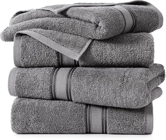 LANE LINEN 100% Cotton 4 Pack Bath Towels Set (30"x60") - Zero Twist, Large Cotton Towels for Bathroom - Quick Dry, Soft & Absorbent Bath Towel Set - Remains Soft After Multiple Washes - Cool Grey