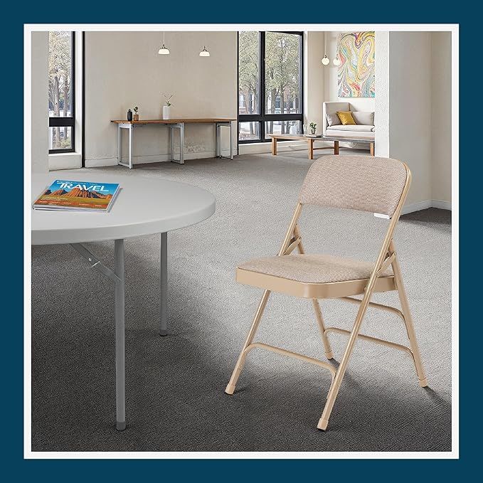 OEF Furnishings OEF2300 Series Heavy-Duty Premium Fabric Padded Upholstery Double-Hinged Triple-Braced Folding Chairs (4-Pack, French Beige)