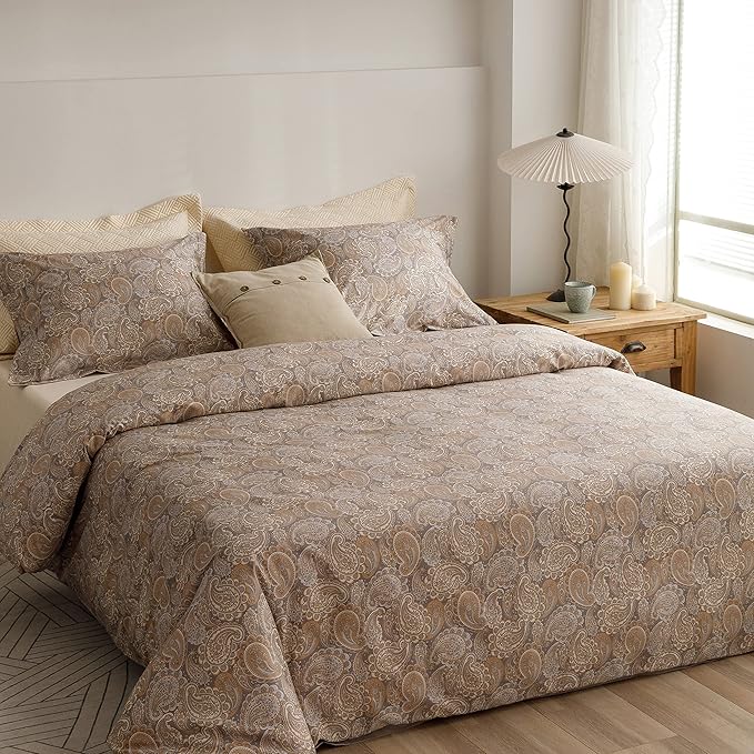 HeimenAogo Egyptian Cotton Duvet Cover Queen Size Sateen Weave, Silky Soft Boho Duvet Cover Zipper Closure, Long Staple Cotton Bed Linen Paisley Pattern 3Pcs
