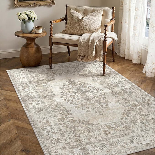 3x5 Area Rug Beige Washable Office Vintage Distressed Carpet Bedroom Indoor Medallion Floral Living Room Non Slip Retro Throw Floor Mat for Dining Room Kitchen Bathroom
