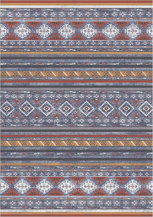 RUGSURE Washable Area Rugs 8' x 10' - 1/6 Thick - Moroccan-Inspired -Stain & Water Resistant Non-Slip - Resistant Rug for Living Room, Bedroom, Nursery, Pet & Child Friendly (Blue and Red)