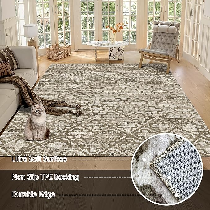 RUGSURE Washable Area Rugs, 9' x 12' - 1/6 Thick - Stain & Water Resistant Non-Slip - Perfect Resistant Rug for Living Room, Bedroom, Nursery, Pet & Child Friendly, Vibrant Colors Rugs, Brown