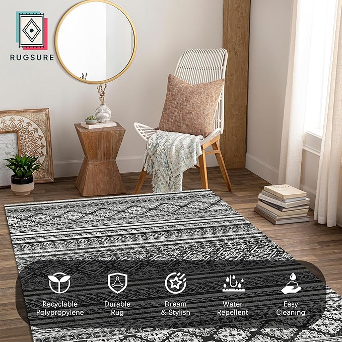 RUGSURE Washable Area Rugs 8' x 10' - 1/6 Thick - Moroccan-Inspired -Stain & Water Resistant Non-Slip - Resistant Rug for Living Room, Bedroom, Nursery, Pet & Child Friendly (Black)