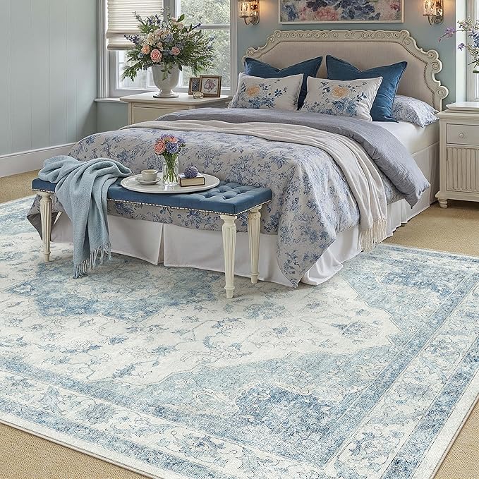 Blue Area Rug 5x7 Washable Vintage Carpet for Living Room Office Soft Retro Low Pile Thin Indoor Rug Non Slip Oriental Medallion Floor Cover for Bedroom Dining Room