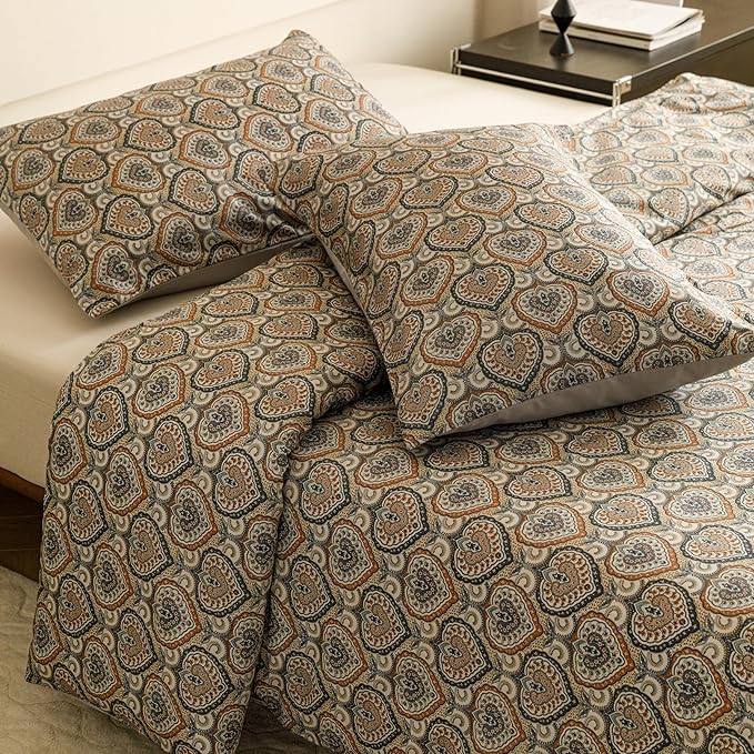 HeimenAogo Egyptian Cotton Duvet Cover Queen Size Sateen Weave, Silky Soft Duvet Cover with Zipper Closure, Long Staple Cotton Bed Linen Bohemian Damask Medallion 3 Pcs