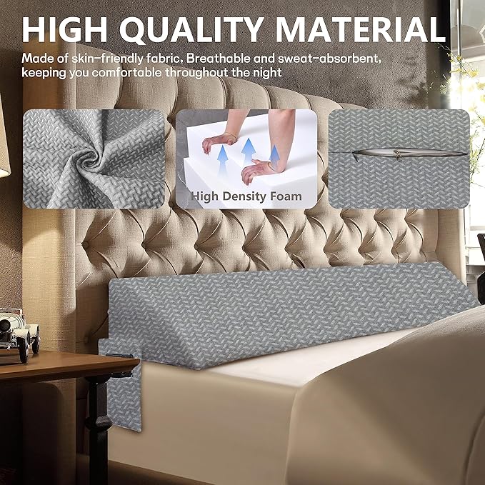 Bed Wedge Pillow for Headboard Gap Bed Mattress Gap Filler (0-8") Between Headboard/Wall and Mattress Grey Full Size Foam Support Triangle Bloster Pillow Stoppers with 2 Pockets