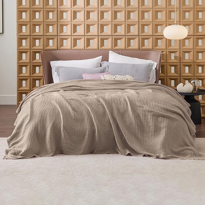 Bedsure Gentlesoft 100% Cotton Blanket Queen Size for Bed - Breathable and Soft, Thick Cozy Waffle Weave Christmas Blanket Gift for Women, Light Brown, 90x90 Inches