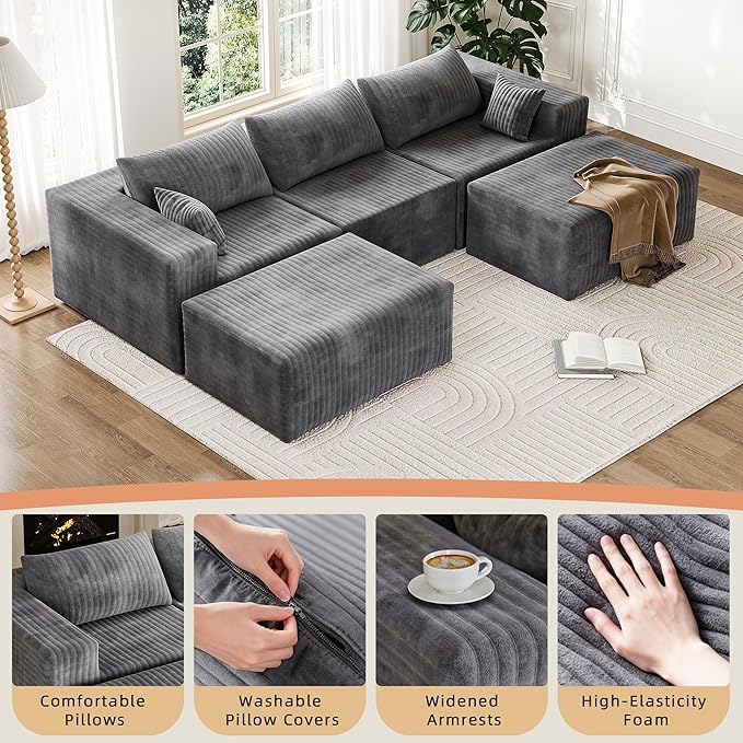 110" Cloud Couch Sectional for Living Room U-Shape Boneless Couches Modular Sectional Sofa with Deep Seat with Chaise,No Assembly Required, Carbon Gray(Plush Corduroy Fabric)