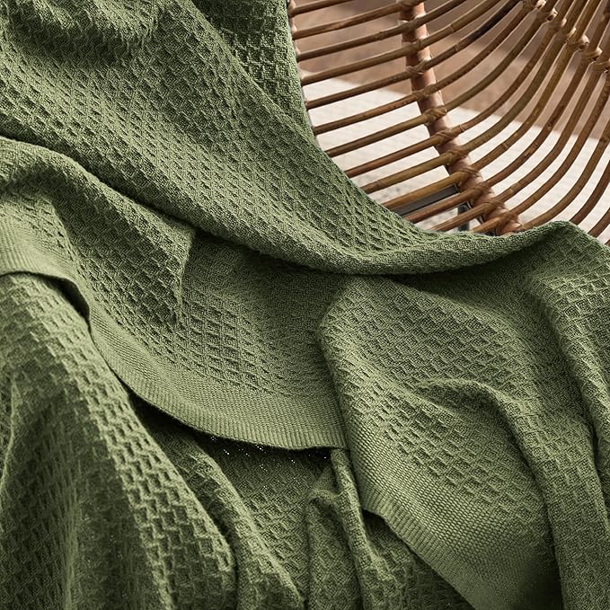Bedsure Gentlesoft 100% Cotton Blanket Twin XL Size for College Dorm - Breathable and Soft, Waffle Weave Twin Blanket for Summer, Dorm Room Essentials, Olive Green, 66x90 inches
