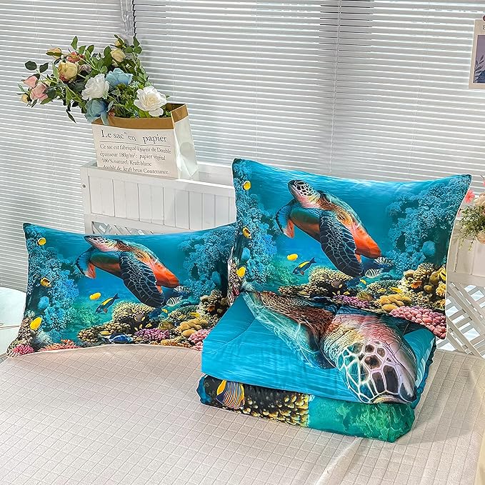 CVHOUSE Sea Turtle Bedding Set,Sea Turtle Comforter Queen,Ocean Beach Comforter Set for Boys Kids Girls,Ocean Quilt Set with 1 Comforter and 2 Pillow Cases
