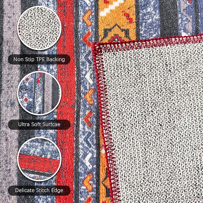 RUGSURE Washable Area Rugs 9' x 12' - 1/6 Thick - Moroccan-Inspired -Stain & Water Resistant Non-Slip - Resistant Rug for Living Room, Bedroom, Nursery, Pet & Child Friendly (Blue and Red)