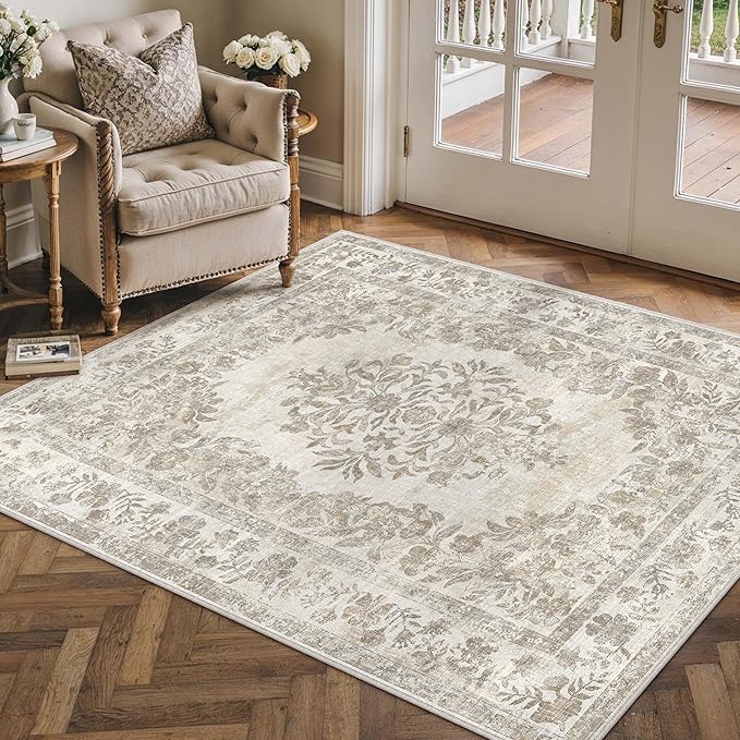 3x5 Area Rug Beige Washable Office Vintage Distressed Carpet Bedroom Indoor Medallion Floral Living Room Non Slip Retro Throw Floor Mat for Dining Room Kitchen Bathroom