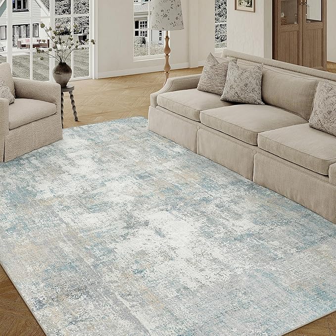 5x7 Washable Area Rug Blue Cream Abstract Living Room Bedroom Carpet Neutral Modern Non-Slip Soft Low Pile Lightweight Vacuumable Throw Rug for Dining Room Entryway