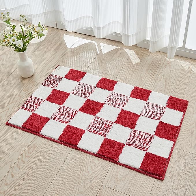 CozeCube Bath mats for Bathroom Non Slip, Fluffy Absorbent Microfiber Bath mat Washable, Aesthetic Bathroom Rugs, Large Christmas Red Checkered Bath mat, Christmas Red, 36" x 24"