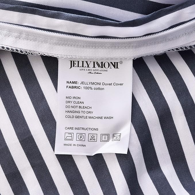 JELLYMONI 100% Natural Cotton 3pcs Striped Duvet Cover Sets,White Duvet Cover with Navy Blue Stripes Pattern Printed Comforter Cover,with Zipper Closure & Corner Ties(King Size)